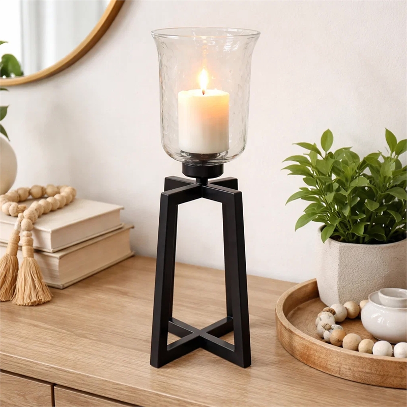 Cole Large Candle Holder- Open Crossed Black Iron- Clear Glass 23 Inch