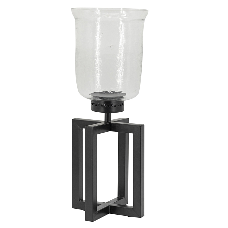 Cole Small Candle Holder- Black Iron Open X Frame- Clear Glass 19 Inch
