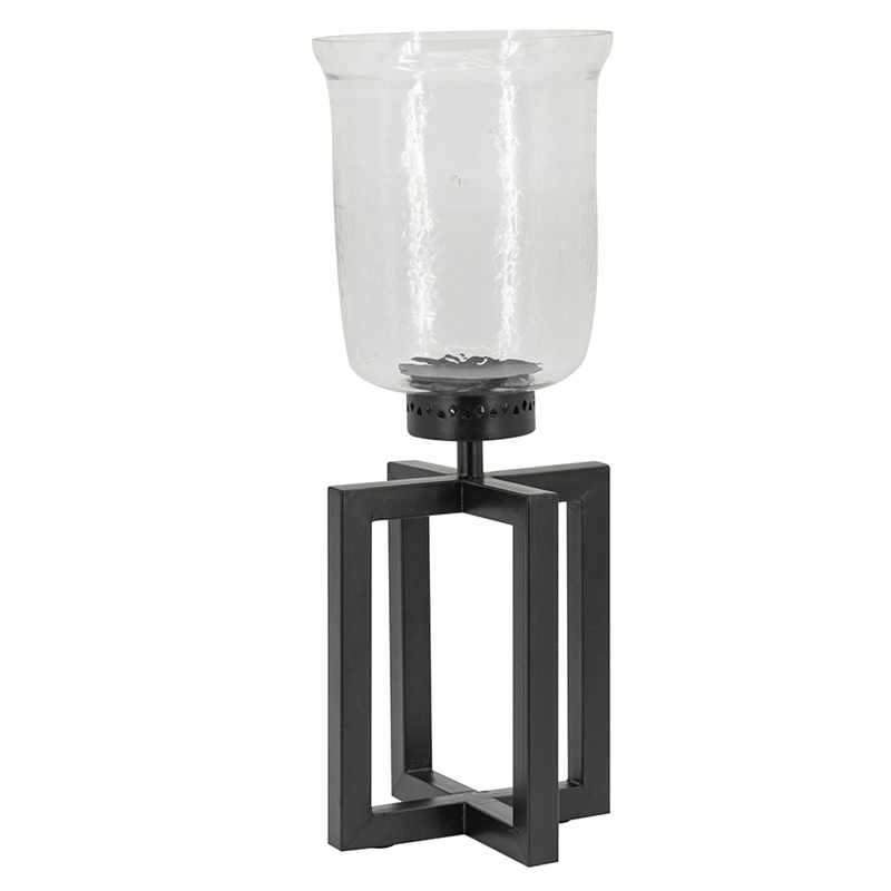 Cole Small Candle Holder- Black Iron Open X Frame- Clear Glass 19 Inch