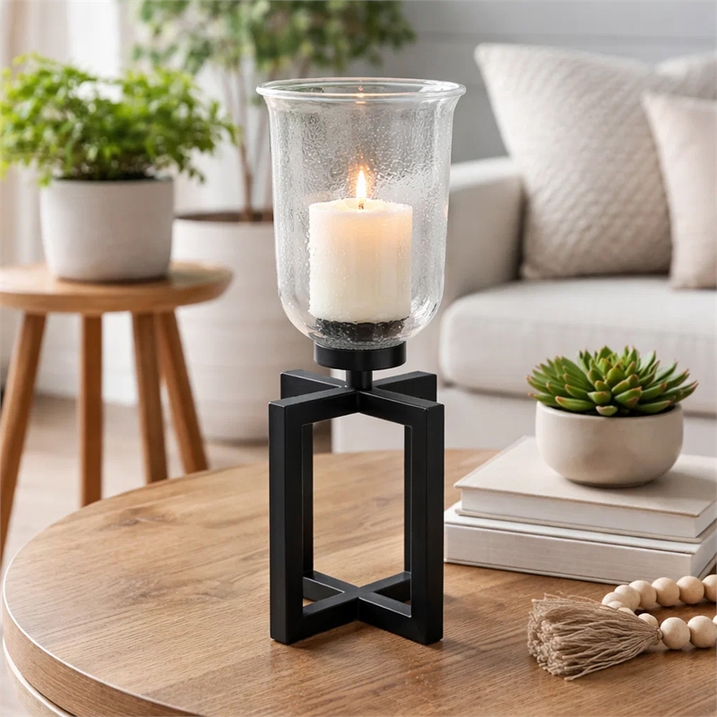 Cole Small Candle Holder- Black Iron Open X Frame- Clear Glass 19 Inch