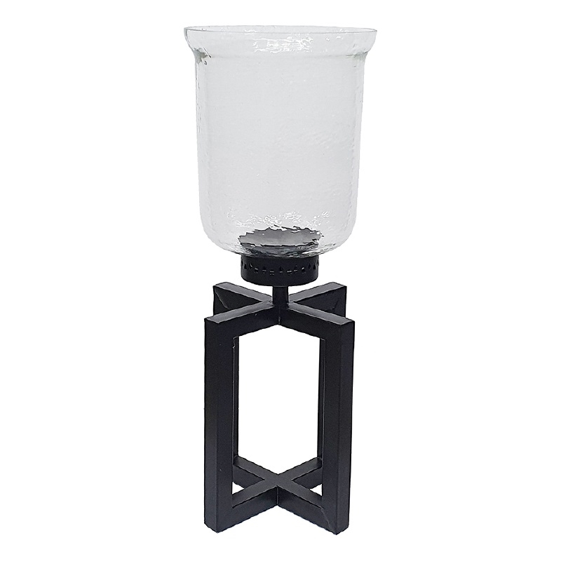 Cole Small Candle Holder- Black Iron Open X Frame- Clear Glass 19 Inch