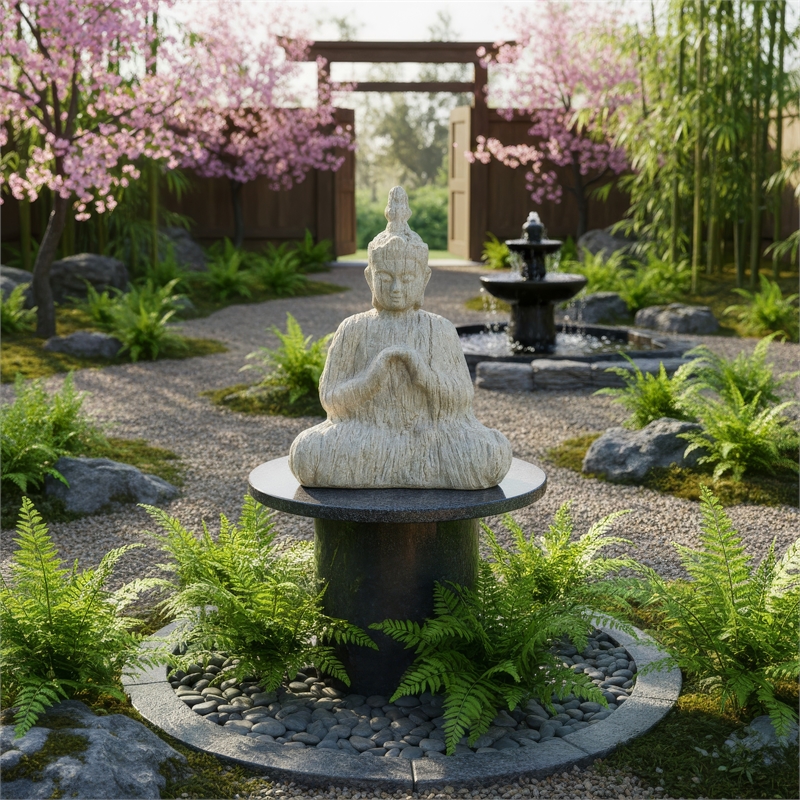 Meditating Buddha Sculpture- Weathered Stone-Look Cream Polyresin 17 Inch