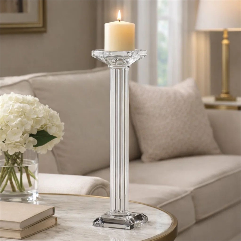Pillar Candle Holder- 17 Inch Tall Fluted Clear Glass- Classic Square Base