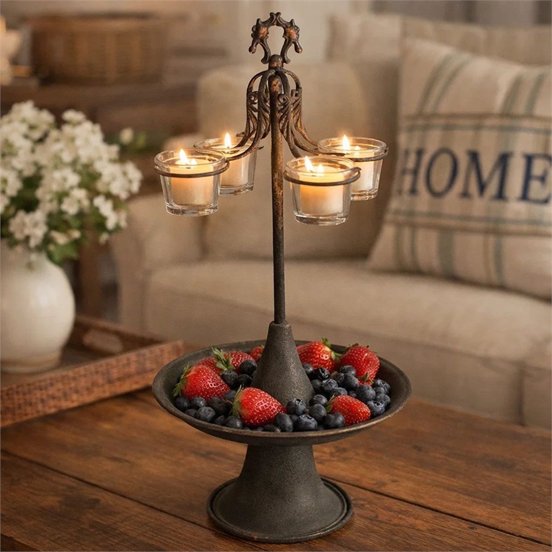 Fia Votive Candle Holder 4 Glass Cups- Black Metal Base with Finial Top