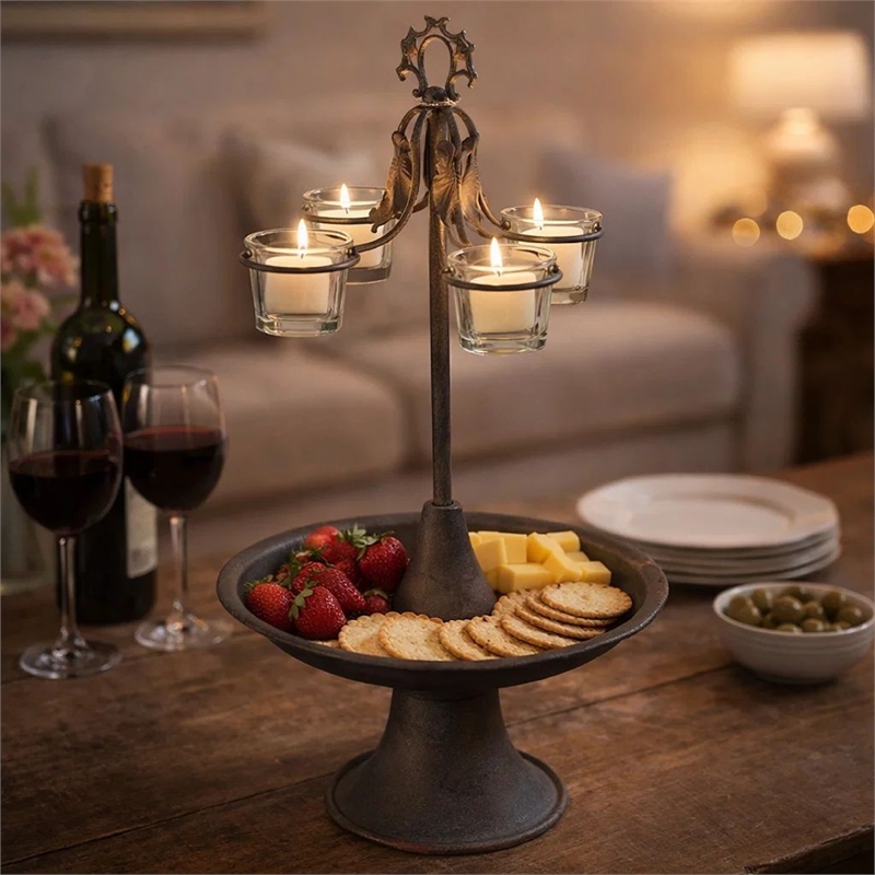 Fia Votive Candle Holder 4 Glass Cups- Black Metal Base with Finial Top