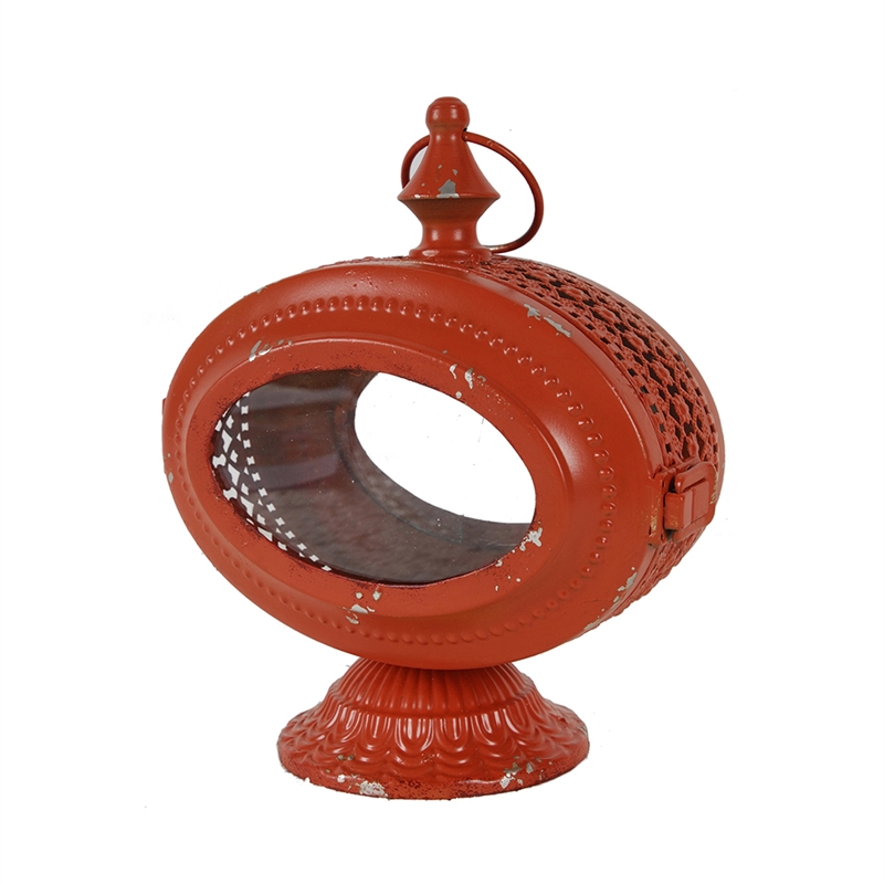 Cia Candle Holder- 12 Inch Oval Shape- Red Iron Frame with Glass Center