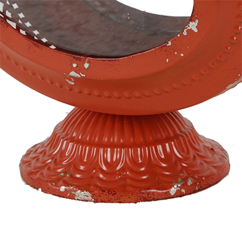 Cia Candle Holder- 12 Inch Oval Shape- Red Iron Frame with Glass Center