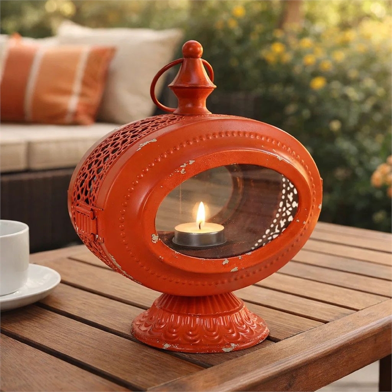 Cia Candle Holder- 12 Inch Oval Shape- Red Iron Frame with Glass Center