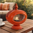 Cia Candle Holder- 12 Inch Oval Shape- Red Iron Frame with Glass Center
