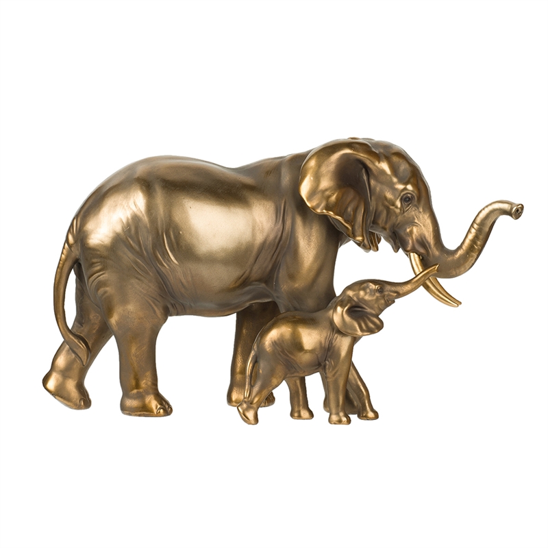 Mother and Baby Elephant Decorative Statue- 12 Inch Gold Bronze Polyresin