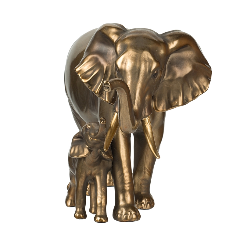 Mother and Baby Elephant Decorative Statue- 12 Inch Gold Bronze Polyresin