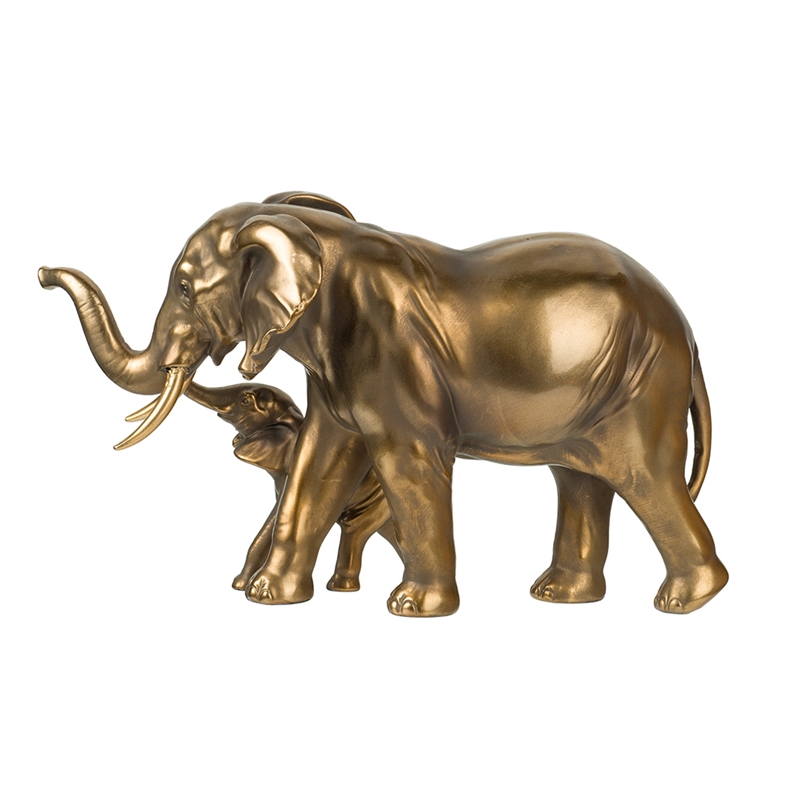 Mother and Baby Elephant Decorative Statue- 12 Inch Gold Bronze Polyresin