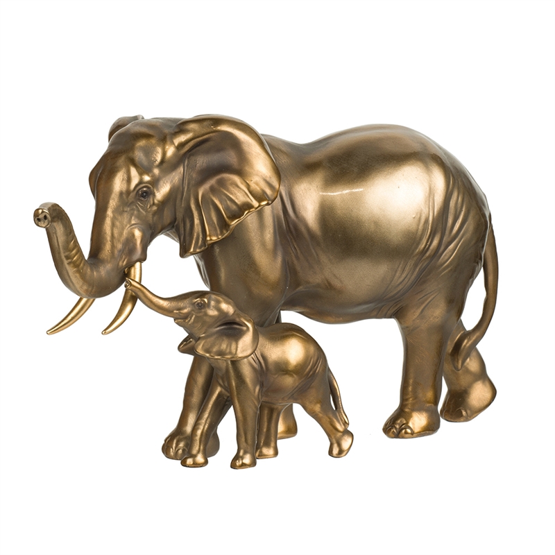 Mother and Baby Elephant Decorative Statue- 12 Inch Gold Bronze Polyresin