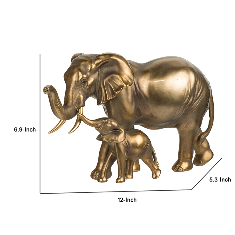 Mother and Baby Elephant Decorative Statue- 12 Inch Gold Bronze Polyresin