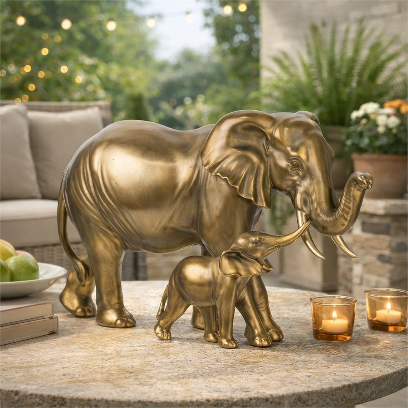 Mother and Baby Elephant Decorative Statue- 12 Inch Gold Bronze Polyresin