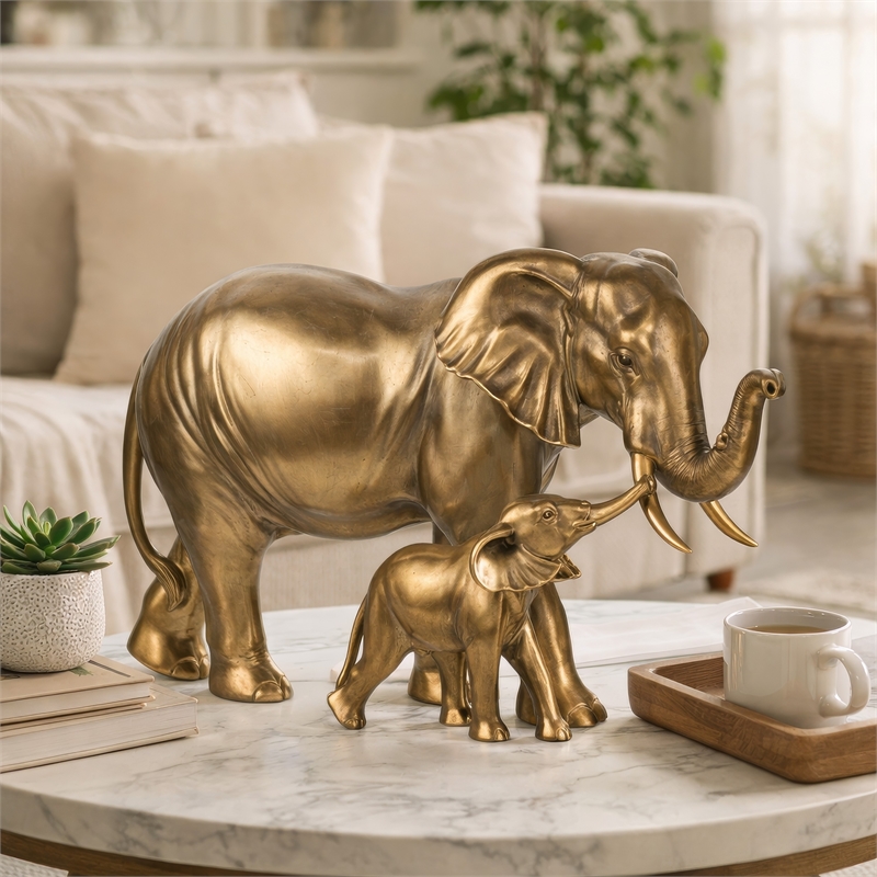Mother and Baby Elephant Decorative Statue- 12 Inch Gold Bronze Polyresin