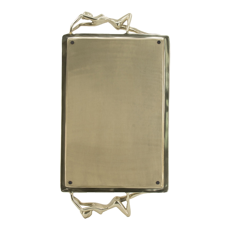 Decorative Tray- Vintage Figural Handles- Polished Gold Aluminum 25 Inch