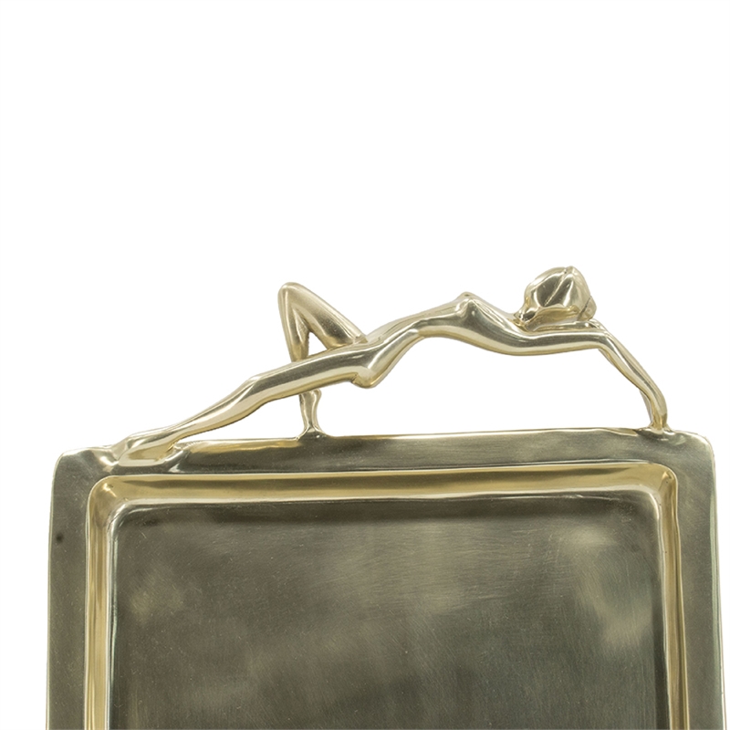 Decorative Tray- Vintage Figural Handles- Polished Gold Aluminum 25 Inch