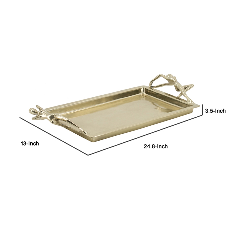 Decorative Tray- Vintage Figural Handles- Polished Gold Aluminum 25 Inch
