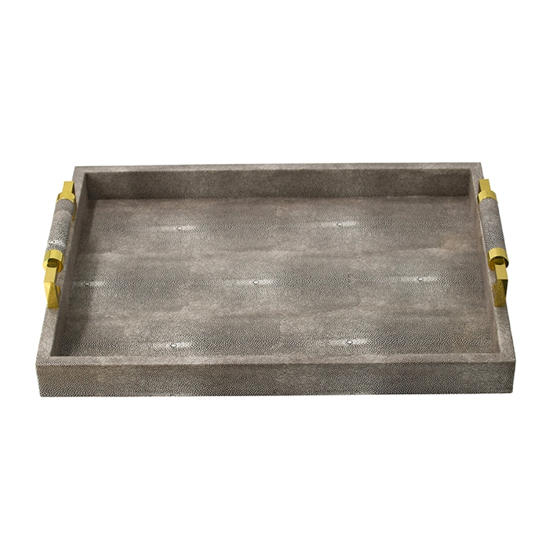Decorative Tray- Faux Leather Texture Finish- Gold Handles- Gray 19 Inch