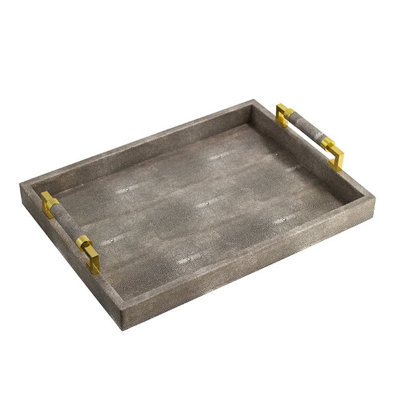 Decorative Tray- Faux Leather Texture Finish- Gold Handles- Gray 19 Inch