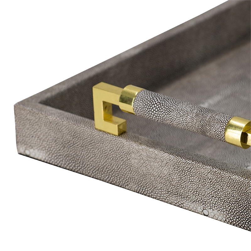Decorative Tray- Faux Leather Texture Finish- Gold Handles- Gray 19 Inch