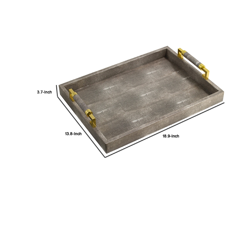 Decorative Tray- Faux Leather Texture Finish- Gold Handles- Gray 19 Inch