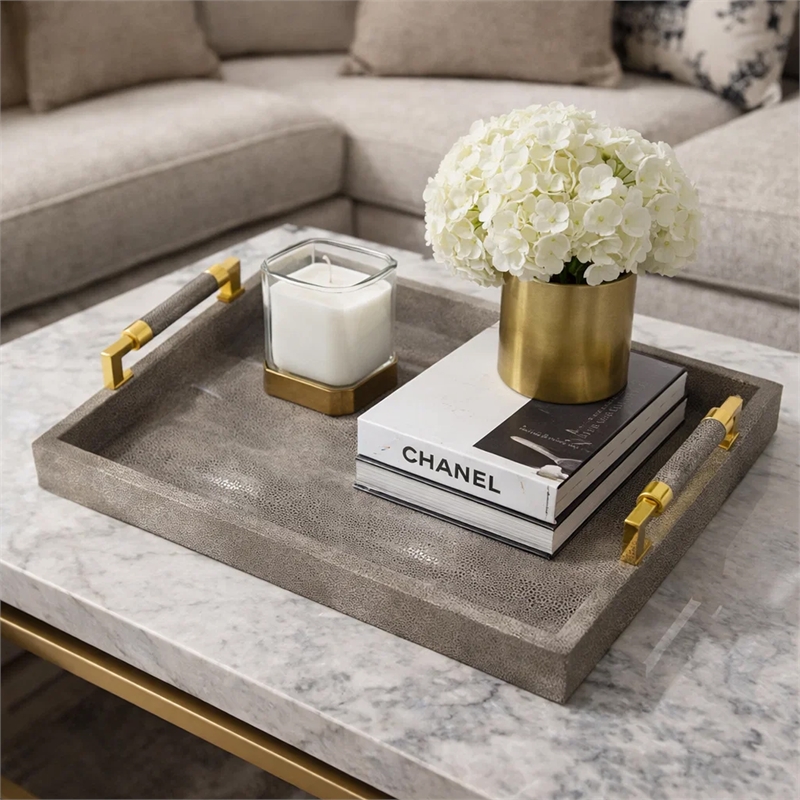 Decorative Tray- Faux Leather Texture Finish- Gold Handles- Gray 19 Inch