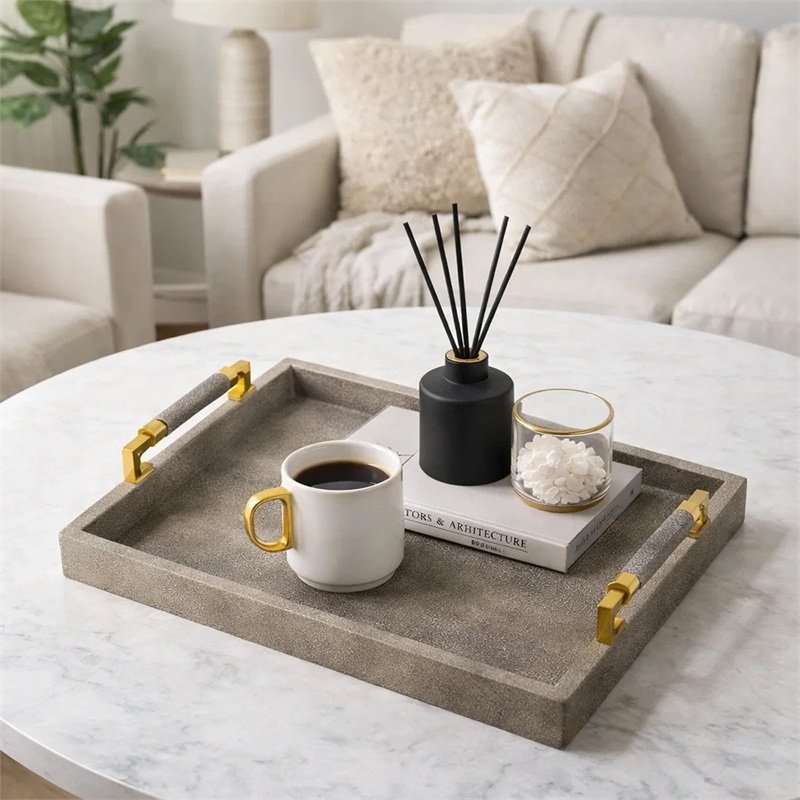 Decorative Tray- Faux Leather Texture Finish- Gold Handles- Gray 19 Inch