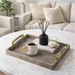 Decorative Tray- Faux Leather Texture Finish- Gold Handles- Gray 19 Inch