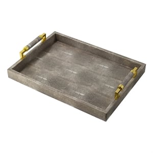 Decorative Tray- Faux Leather Texture Finish- Gold Handles- Gray 19 Inch