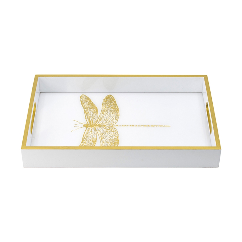 Decorative Tray- Gold Dragonfly- Cutout Handles- White Acrylic 16 Inch