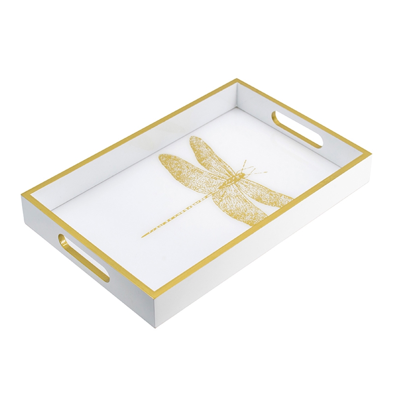 Decorative Tray- Gold Dragonfly- Cutout Handles- White Acrylic 16 Inch