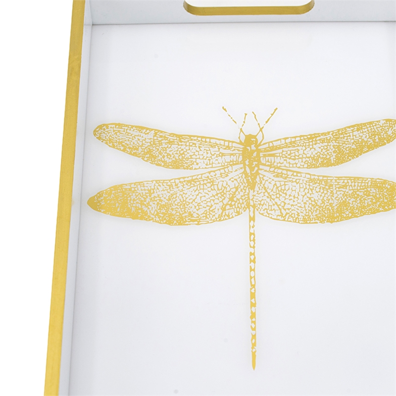 Decorative Tray- Gold Dragonfly- Cutout Handles- White Acrylic 16 Inch