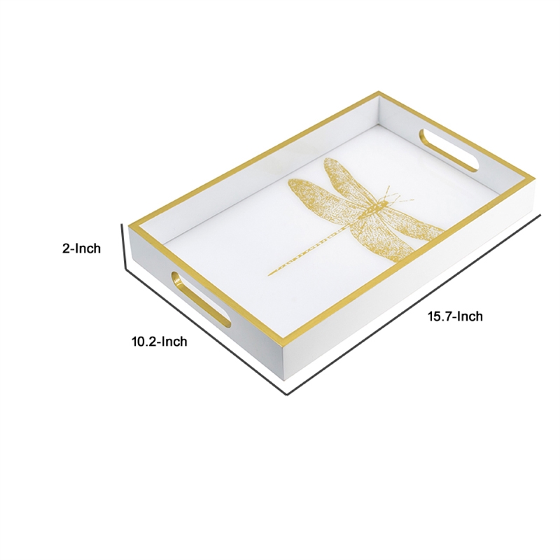 Decorative Tray- Gold Dragonfly- Cutout Handles- White Acrylic 16 Inch