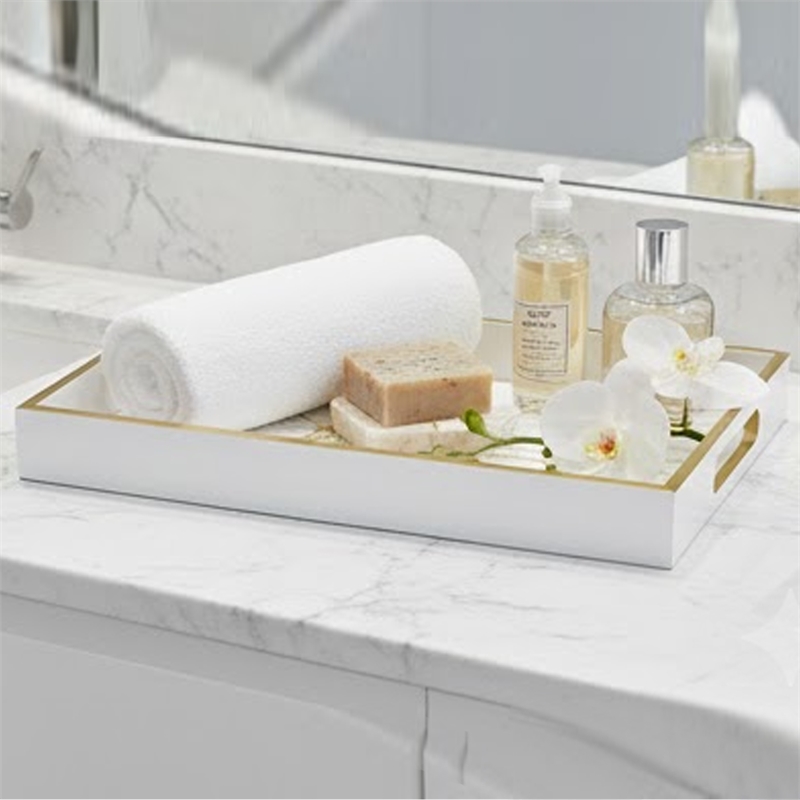Decorative Tray- Gold Dragonfly- Cutout Handles- White Acrylic 16 Inch