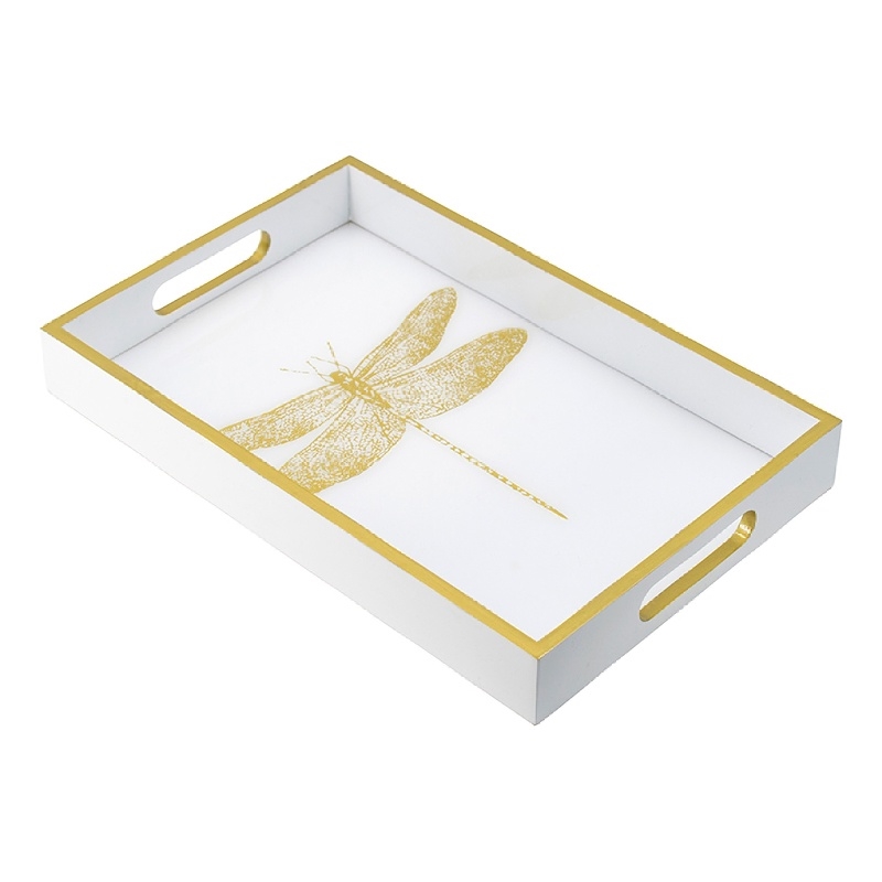 Decorative Tray- Gold Dragonfly- Cutout Handles- White Acrylic 16 Inch