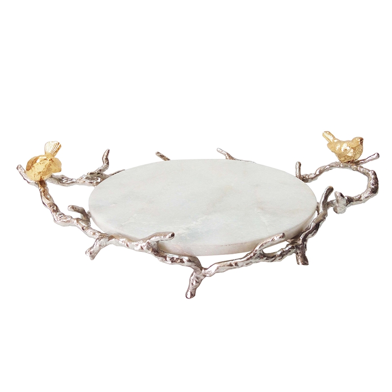 Vada Decorative Tray- Marble Disc- Silver Branch Handles w Birds- 17 Inch