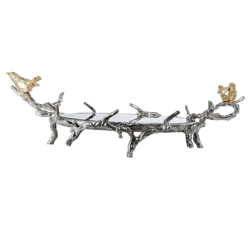 Vada Decorative Tray- Marble Disc- Silver Branch Handles w Birds- 17 Inch