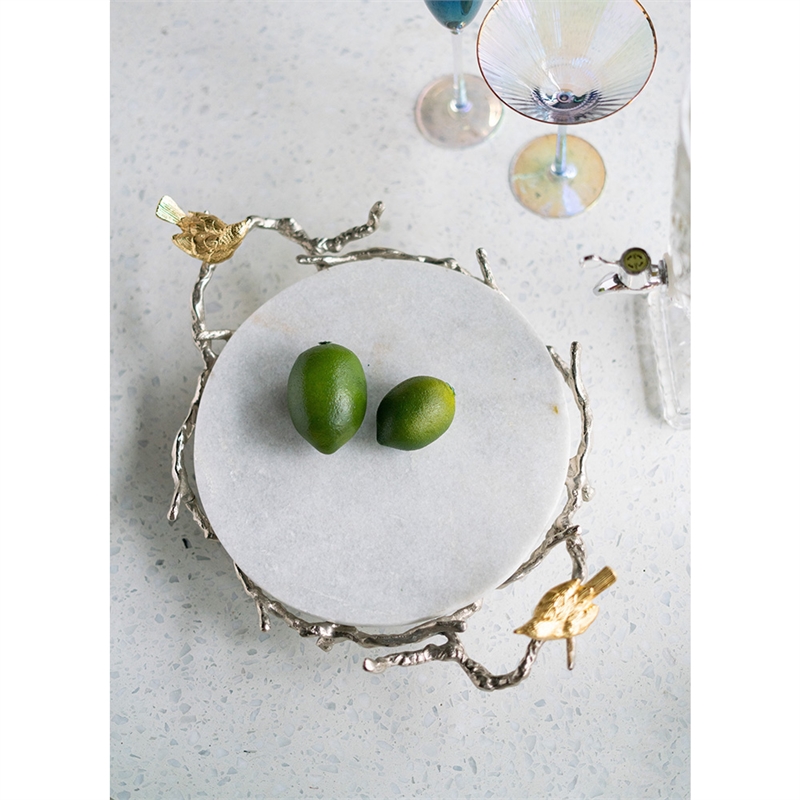 Vada Decorative Tray- Marble Disc- Silver Branch Handles w Birds- 17 Inch