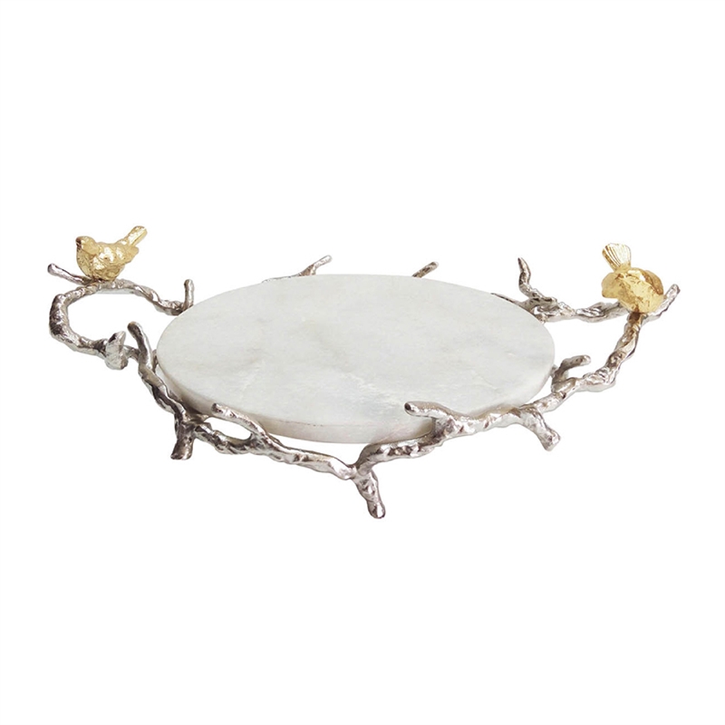 Vada Decorative Tray- Marble Disc- Silver Branch Handles w Birds- 17 Inch