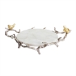 Vada Decorative Tray- Marble Disc- Silver Branch Handles w Birds- 17 Inch