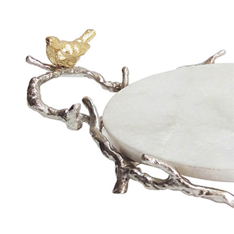 Vada Decorative Tray- Marble Disc- Silver Branch Handles w Birds- 17 Inch