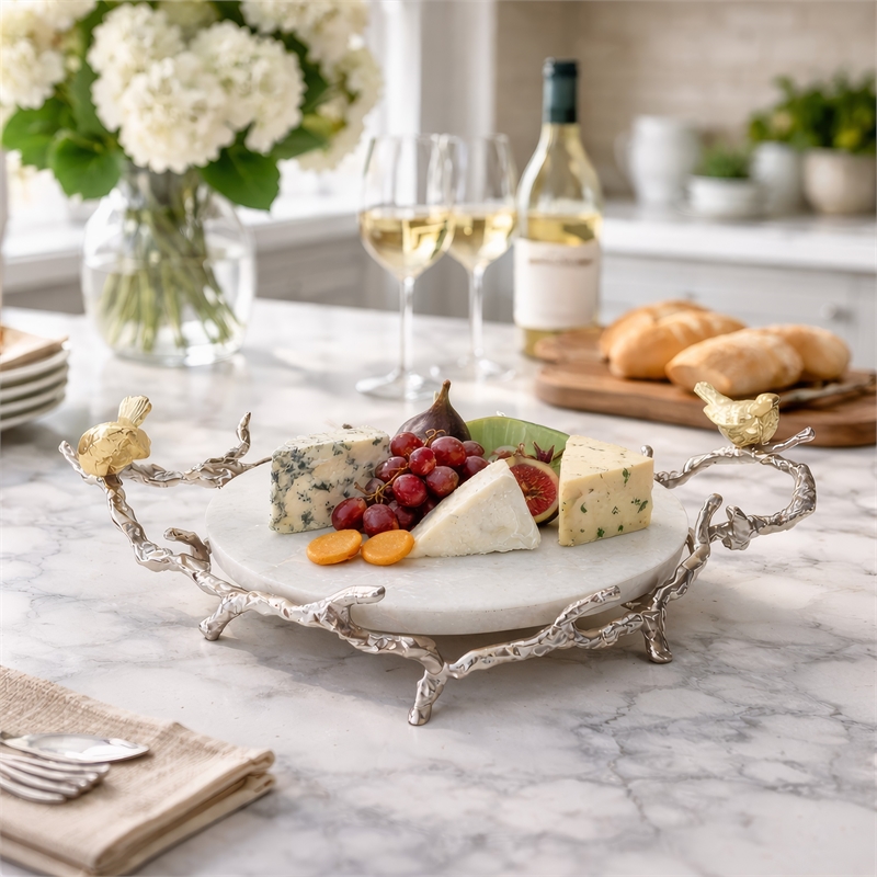 Vada Decorative Tray- Marble Disc- Silver Branch Handles w Birds- 17 Inch