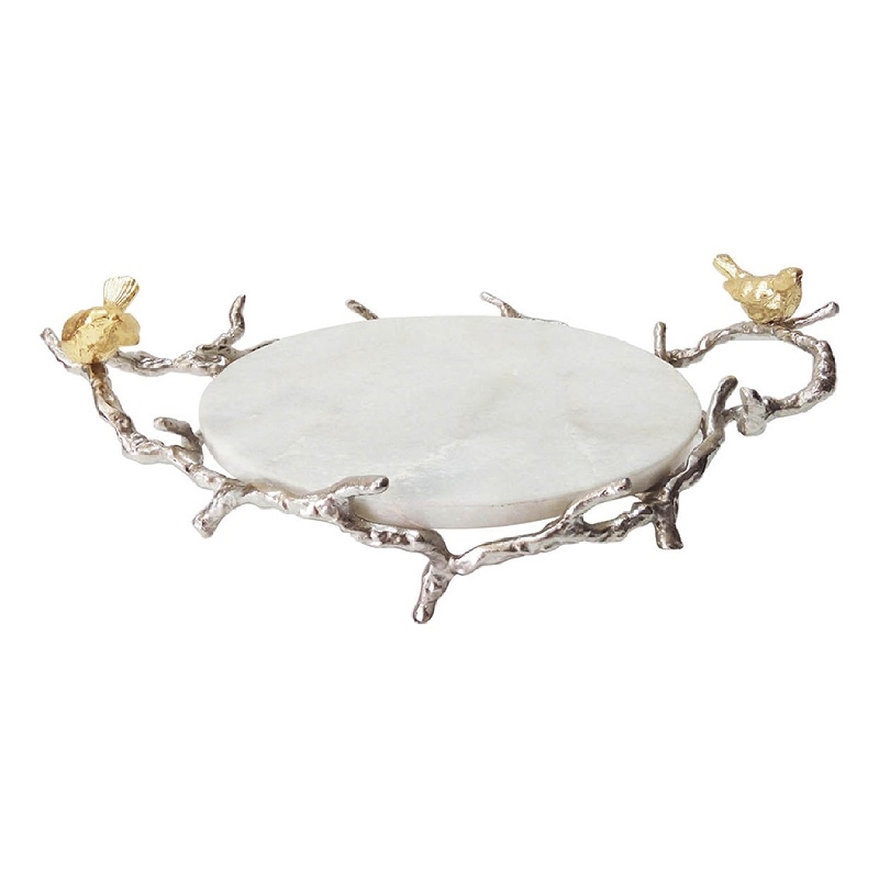 Vada Decorative Tray- Marble Disc- Silver Branch Handles w Birds- 17 Inch