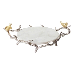 Vada Decorative Tray- Marble Disc- Silver Branch Handles w Birds- 17 Inch