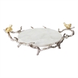 Vada Decorative Tray- Marble Disc- Silver Branch Handles w Birds- 17 Inch