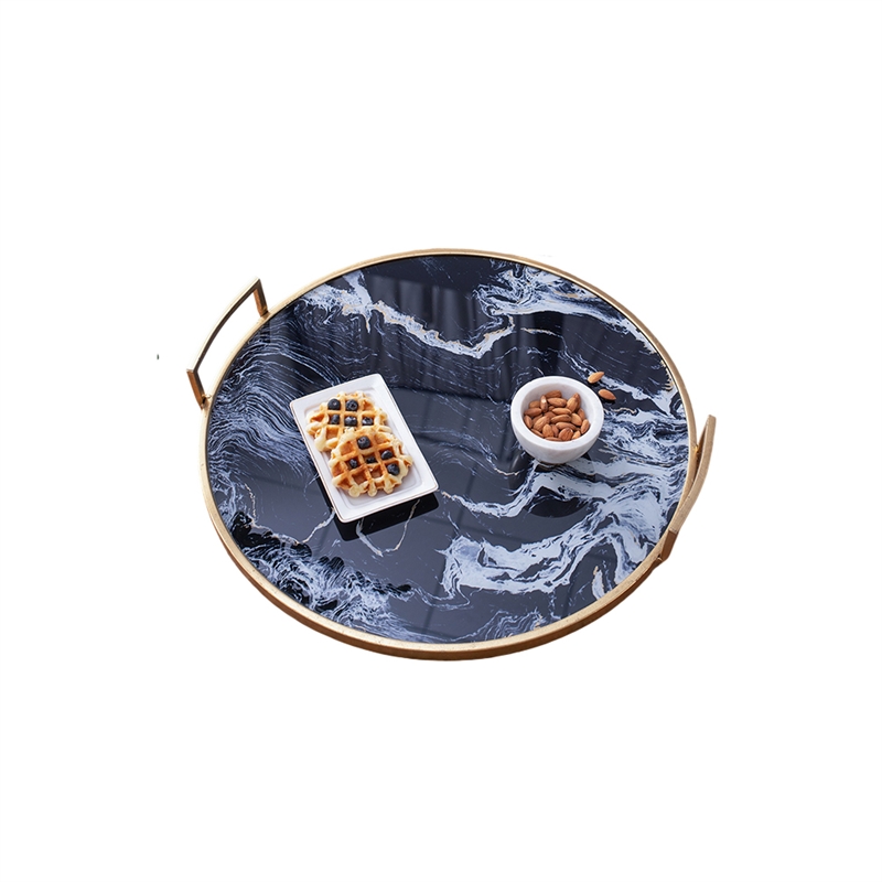 Set of 2 Decorative Trays with Handles- Black White Faux Marble Print- Gold