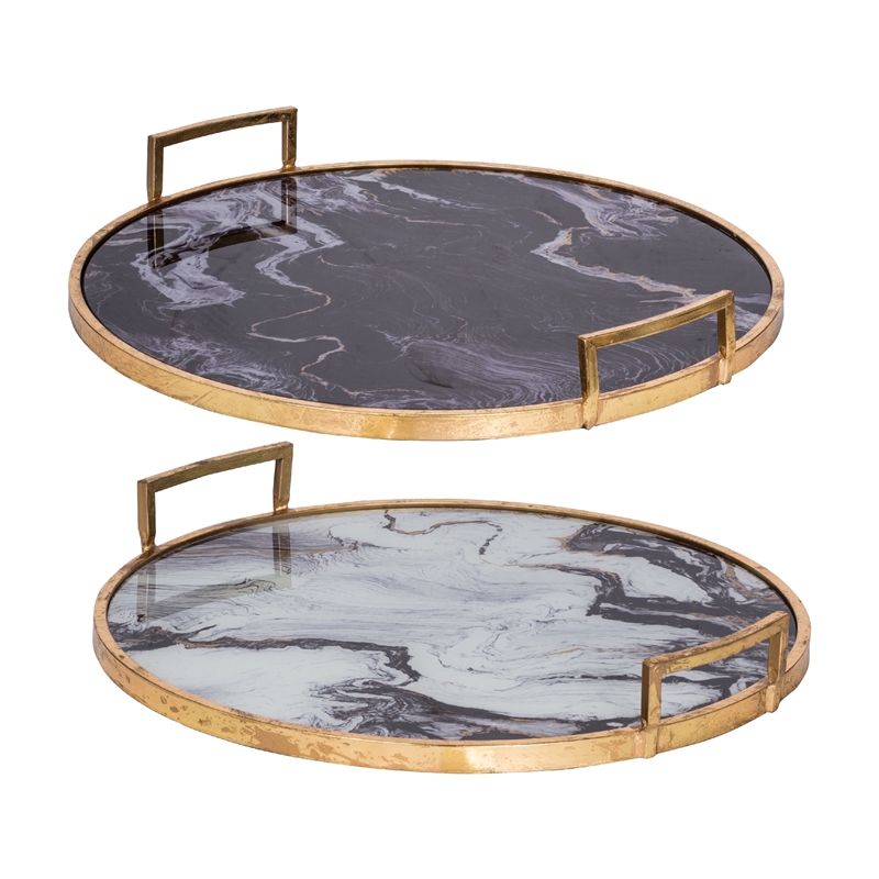 Set of 2 Decorative Trays with Handles- Black White Faux Marble Print- Gold