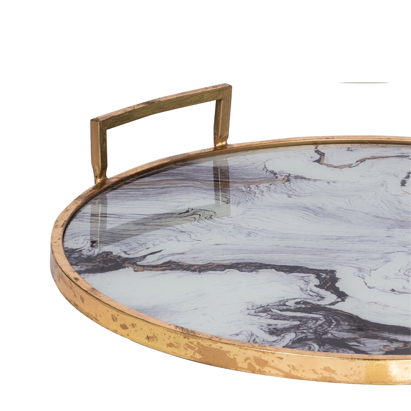 Set of 2 Decorative Trays with Handles- Black White Faux Marble Print- Gold